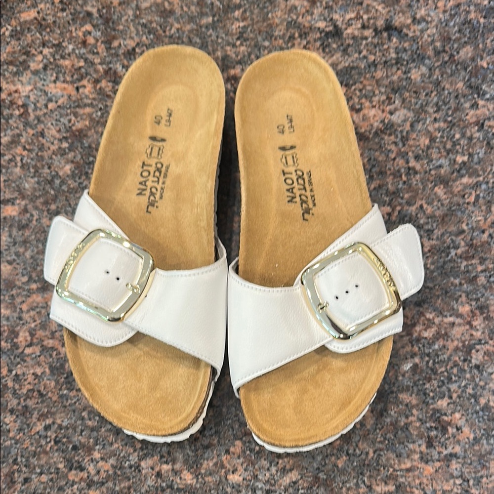 Naot White Leather Sandals with Gold Buckle